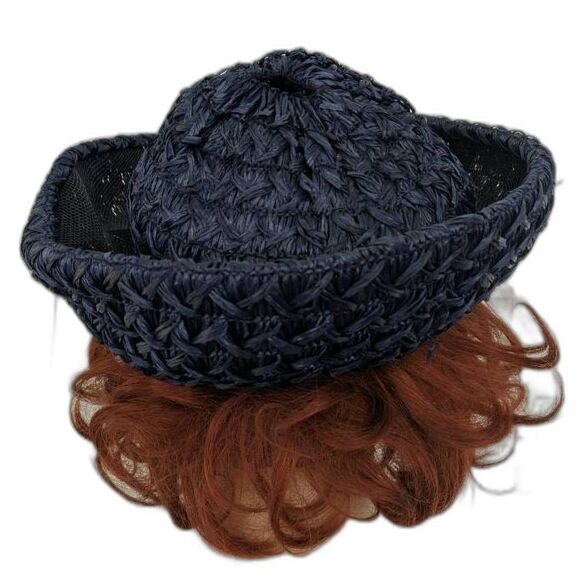 Vintage 50s Dark Blue Hat Raffia Straw Summer Sun - Picture 4 of 6
